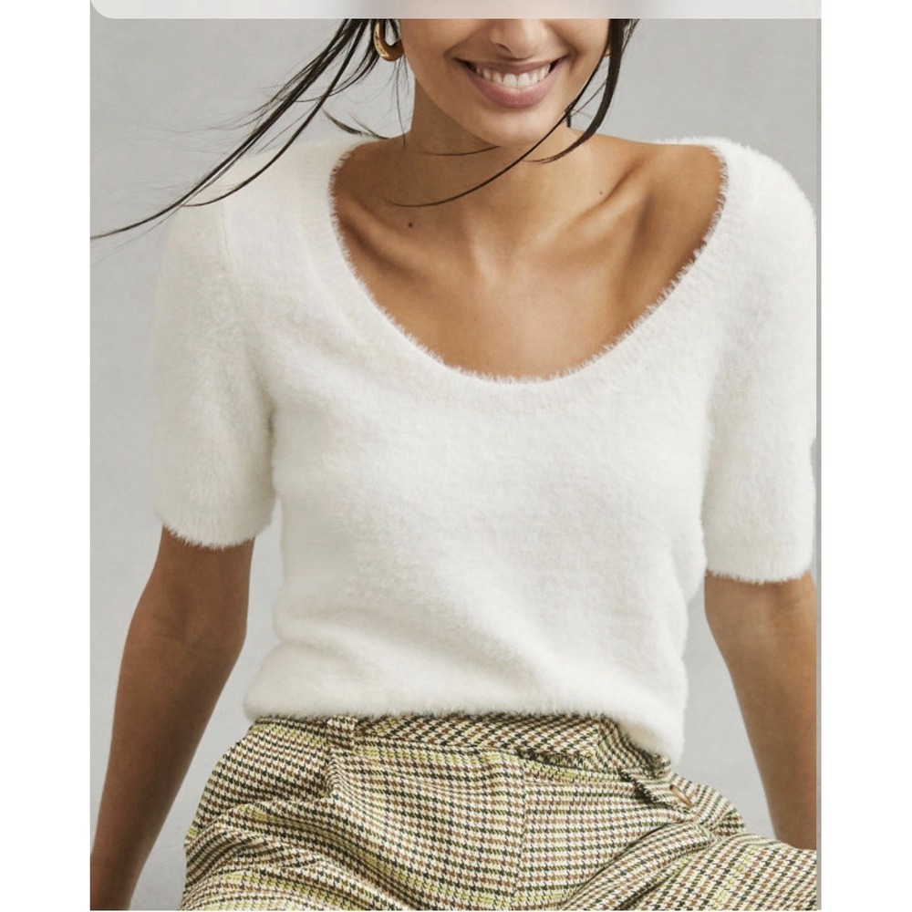 Maeve Sweater Top Women Small Ivory Excellent Scoop Neck Fuzzy Short Sleeve